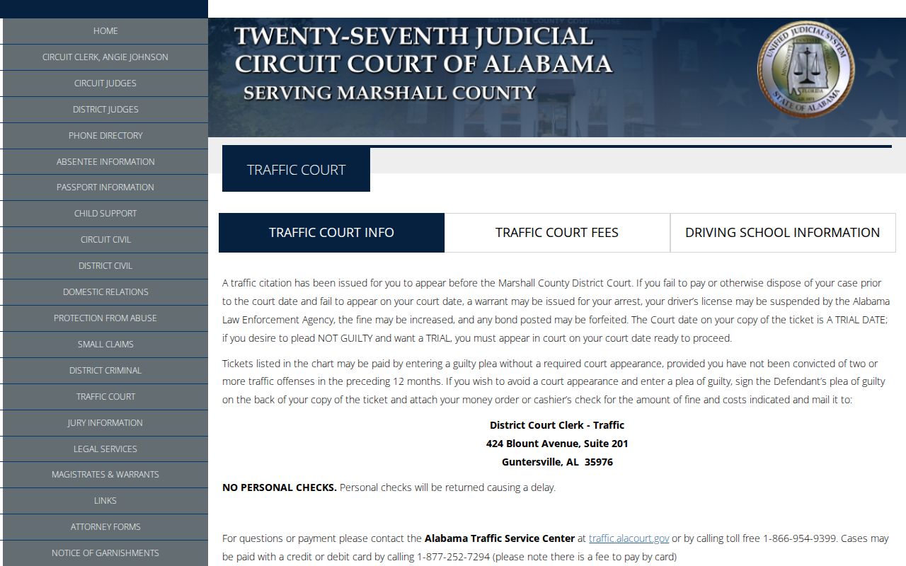 Marshall County District Court traffic warning and payment channels