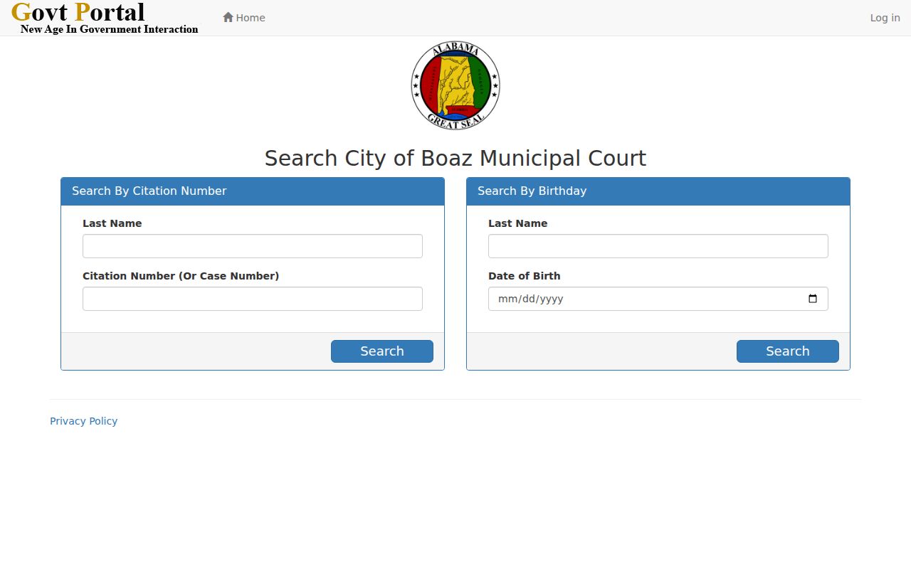 Boaz Municipal Court citation number and birthday search fields