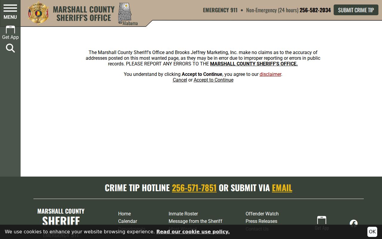 Marshall County Most Wanted official accuracy disclaimer and access controls